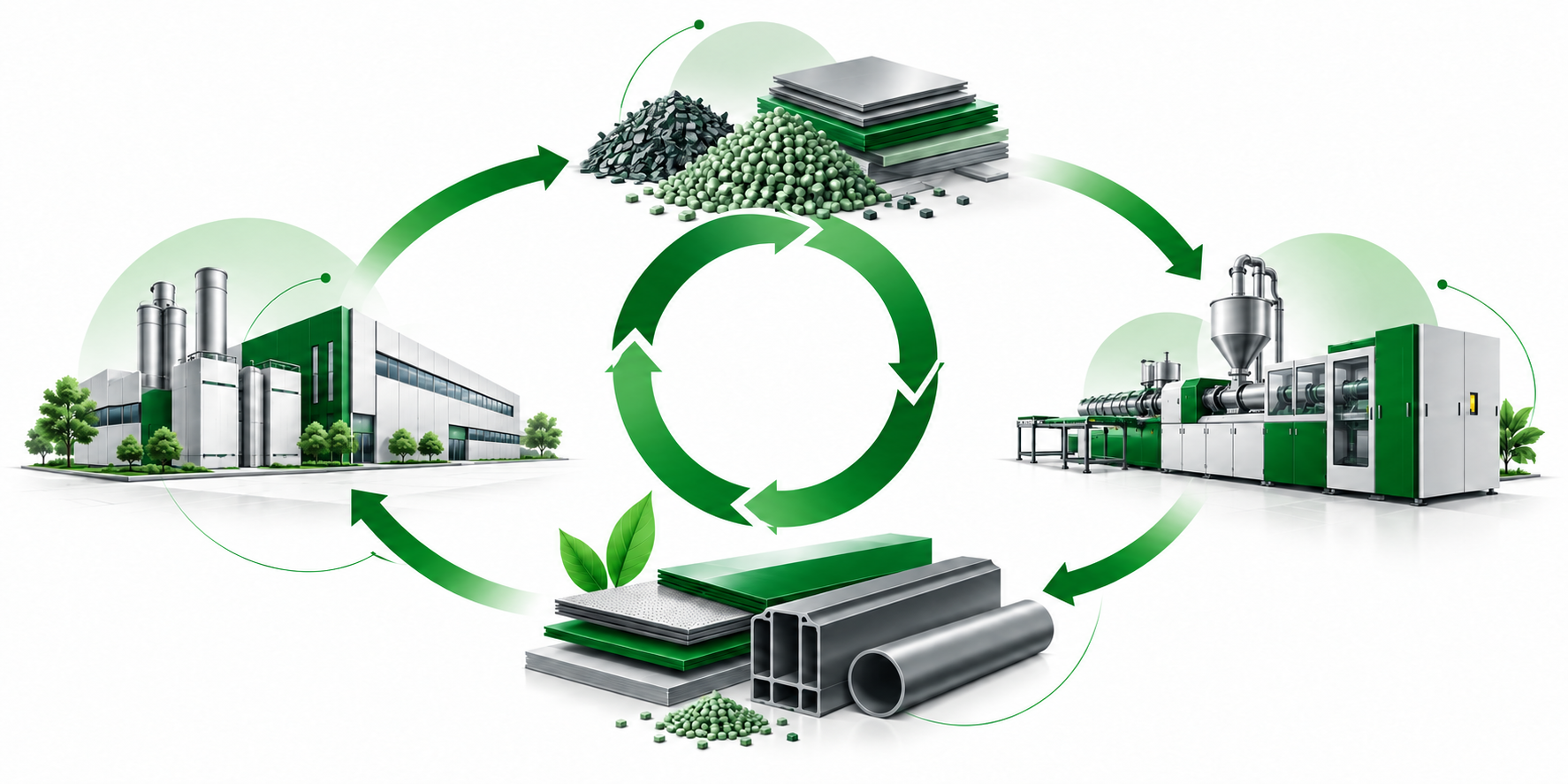 Illustration d’un cycle de production circulaire reliant matières, équipements de transformation et industrie